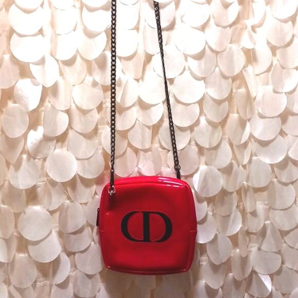 DIOR Crossbody RED w Chic Black Gunmetal Shoulder Chain converted CD Cosm. bag - Picture 3 of 16